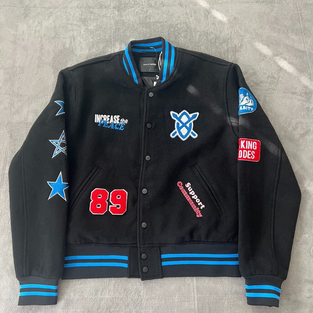Daily Paper Neko Bomber • Black Patch Varsity Jacket • M • NWT